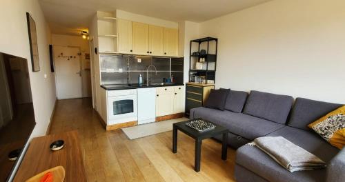 un salon avec un canapé et une cuisine dans l'établissement Modern T2 near train station with swimming pool, à Fréjus