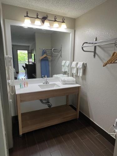a bathroom with a sink and a large mirror at Days Inn & Suites by Wyndham Monroe in Monroe