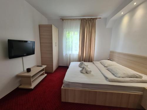 a bedroom with a large bed and a flat screen tv at Vila Vitalis in Predeal