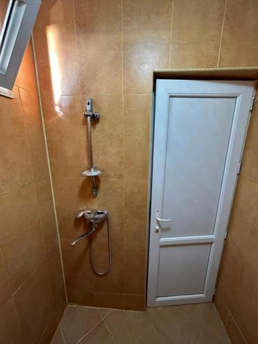 a shower with a white door in a bathroom at EVRIKA hotel Shekvetili in Shekvetili
