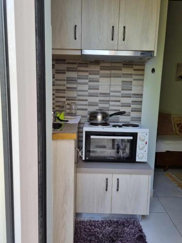 a small kitchen with a microwave and a stove at Οικοδέσποινα in Mytilini
