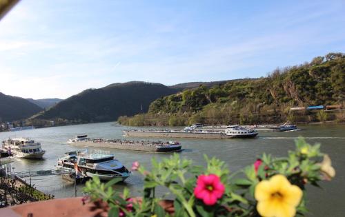 a group of boats are docked on a river at Rheinhotel Lilie in Boppard