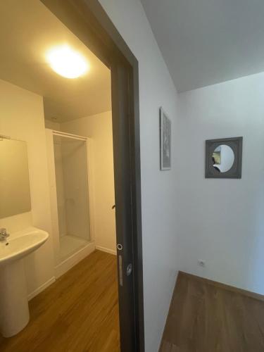 a bathroom with a sink and a mirror at Ar-Gavotenn in Le Saint