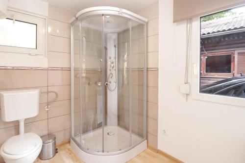 La salle de bains est pourvue d'une douche, de toilettes et d'une fenêtre. dans l'établissement Aqualuna Olimia Vacation Home, à Podčetrtek