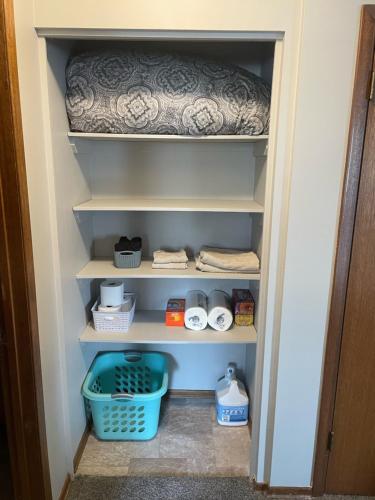 a walk in pantry with a blue basket and shelves at One Bedroom Main floor Apartment in Camrose