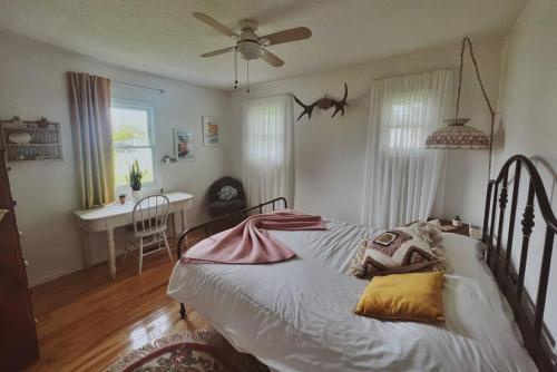 Hillier的住宿－Rustic Modern Home and Spa，一间卧室配有一张床、一张书桌和一个窗户。
