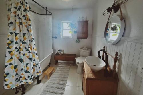 Rustic Modern Home and Spa في Hillier: حمام مع حوض ومرحاض ومرآة