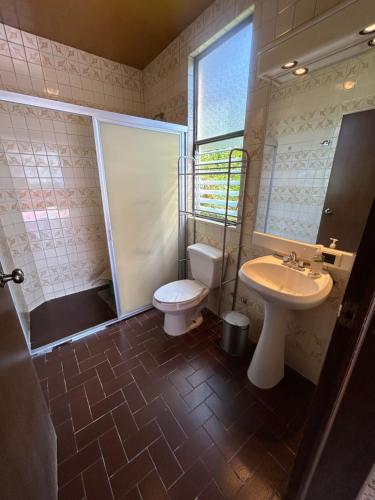 een badkamer met een toilet, een wastafel en een douche bij Casa de las Palmas Guest House in Oaxaca City