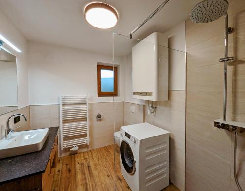 a bathroom with a washing machine and a sink at Das Wipferl - Dein Nest in den Bergen in Maria Luggau