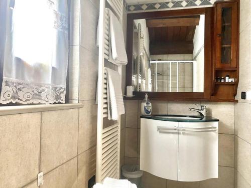 een kleine badkamer met een wastafel en een spiegel bij Appartamento Santamarcellina in San Giorgio