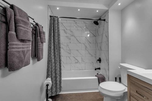 a white bathroom with a toilet and a shower at Modern Trendy Downtown in Buffalo