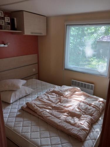 un grand lit dans une chambre avec une fenêtre dans l'établissement MH 287 à LA TREMBLADE, à La Tremblade