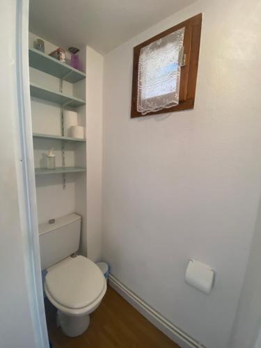 La salle de bains est pourvue de toilettes blanches et d'une étagère. dans l'établissement Pavillon 20m de la plage des ayguades, à Gruissan