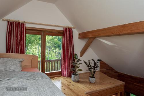 1 dormitorio con cama y ventana grande en Zidan'ca Rošel, en Dolenjske Toplice