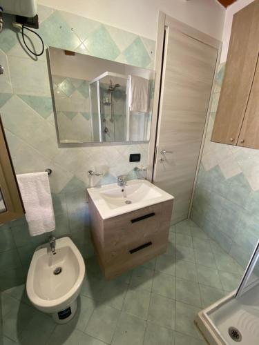 bagno con lavandino, servizi igienici e specchio di La casa di Bella a Lamezia Terme