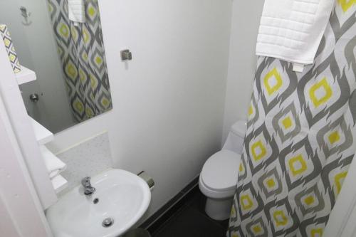 a bathroom with a sink and a toilet and a shower curtain at Departamentos comodos y hermosos full equipados con baño y cocina privados in Santiago