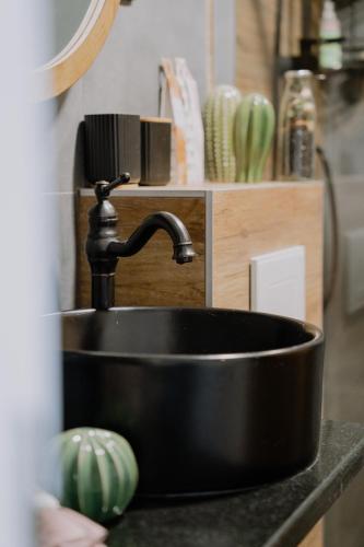 a black sink with a faucet in a kitchen at Vrnjačka Promenada - Pešačka zona - Baby friendly in Vrnjačka Banja