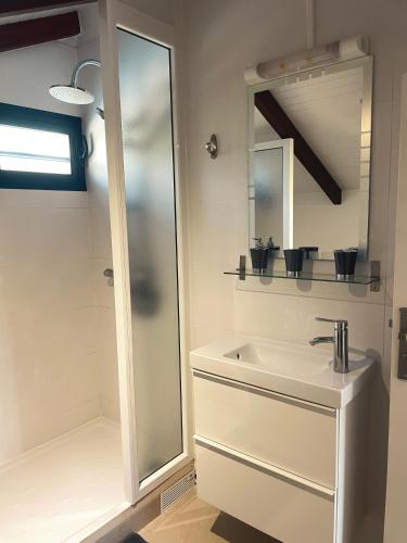 a bathroom with a shower and a sink and a mirror at Villa Stone pour 8 personnes, piscine chauffée 5 euros par jour, accès PMR, 5 étoiles in Sainte-Luce
