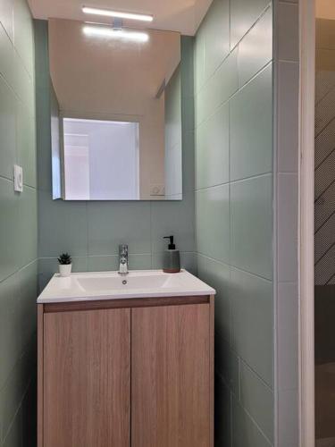 une salle de bain avec un lavabo et un miroir dans l'établissement Cocoon Urbain Nantais, à Nantes