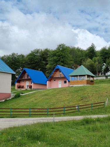 a group of houses with blue roofs on a field at Bungalow in Mountain in Žabljak