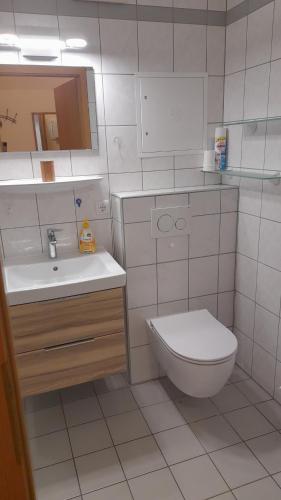 ザールブリュッケンにあるFerienwohnung Bernhard Ehlenの白いバスルーム(トイレ、シンク付)