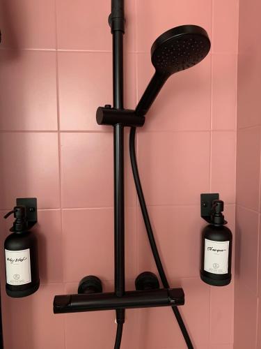 a shower head in a bathroom with two bottles at Agriturismo La Terrazza su Farfa in Castelnuovo di Farfa