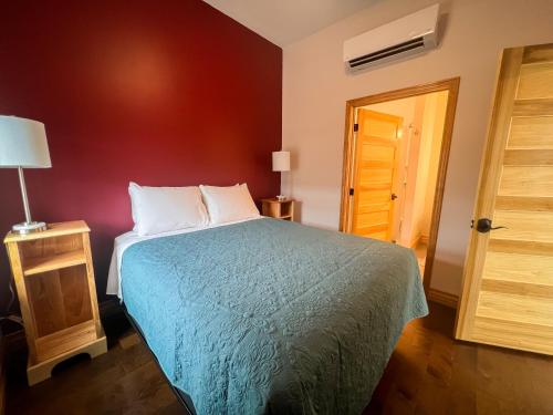 a bedroom with a bed and a red wall at Elkader Suites in Elkader