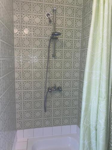 a shower in a bathroom with a shower curtain at Ostsee Ferienwohnung in Scharbeutz
