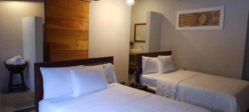 Habitación de hotel con 2 camas y espejo en Hotel el Arco en Valle de Bravo