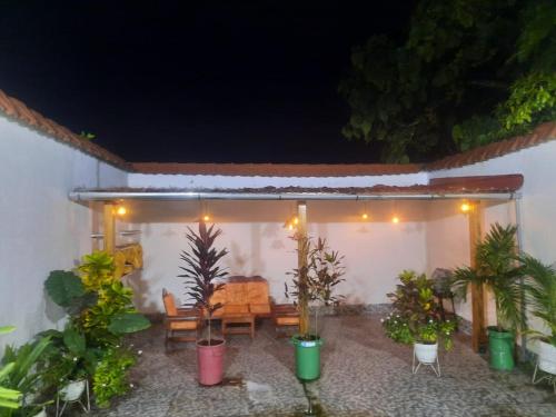 eine Terrasse mit einem Tisch, Stühlen und Topfpflanzen in der Unterkunft Casa Grande in Iquitos