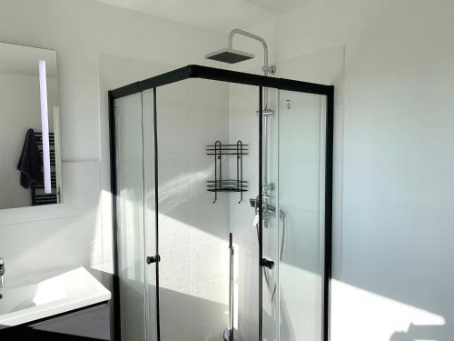 uma cabina de duche em vidro na casa de banho com um lavatório em Ferienhaus Liebchen free Netflix em Freienhagen