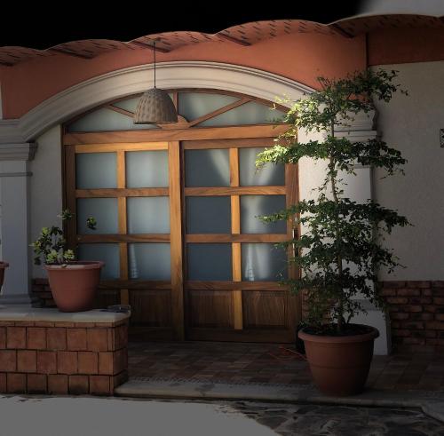 une porte en bois avec deux plantes en pot devant elle dans l'établissement Mountain View Lofts Guayabitos, à Rincon de Guayabitos