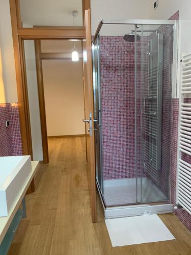La salle de bains est pourvue d'une douche avec une porte en verre. dans l'établissement MAX’S RESIDENCE, à Montegrotto Terme