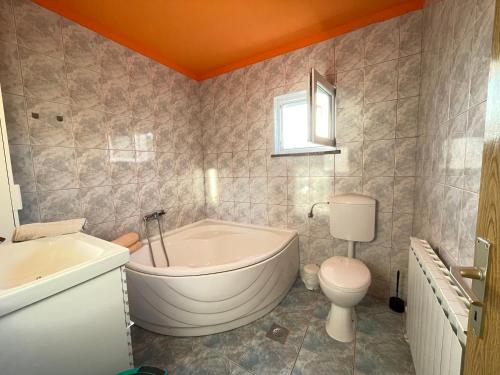 een badkamer met een bad, een toilet en een wastafel bij Holiday House Dunamis in Krivodol