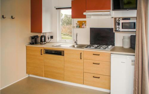 Elle comprend une petite cuisine avec des placards en bois et un évier. dans l'établissement Elperhof Lodge 1, à Schoonloo