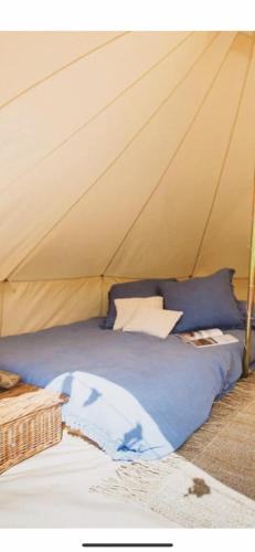 1 cama en una tienda de campaña con sábanas y almohadas azules en Dadford campsite, en Silverstone