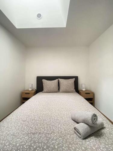 une chambre avec un lit avec deux oreillers dessus dans l'établissement L'Authentique - Terrasse - MyraConciergerie, à Nay