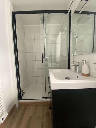 une salle de bain avec une douche et un lavabo et une douche dans l'établissement L'Authentique - Terrasse - MyraConciergerie, à Nay