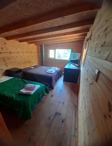 a bedroom with two beds in a log cabin at Rancho express in San Martín de los Andes