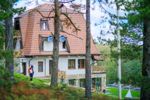 a woman standing in front of a house at KATUN Apartmani & SPA in Divčibare