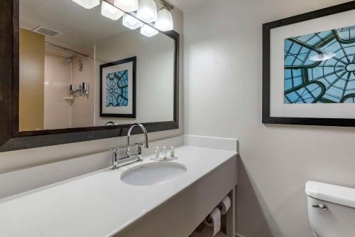 a bathroom with a sink and a mirror and a toilet at Quality Inn Lexington -Horse Park in Lexington