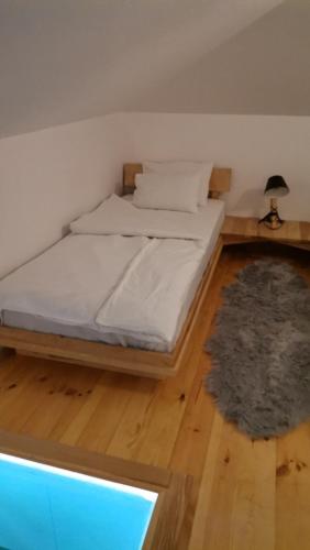 a bedroom with a bed and a rug on a wooden floor at KATUN Apartmani & SPA in Divčibare