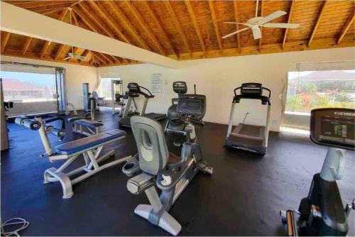 a gym with treadmills and elliptical machines at Villa Paradiso in Richmond