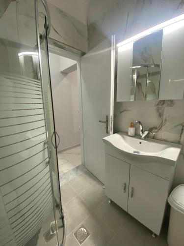 a bathroom with a shower and a sink and a toilet at Aggelikas apartments in Paleokastritsa