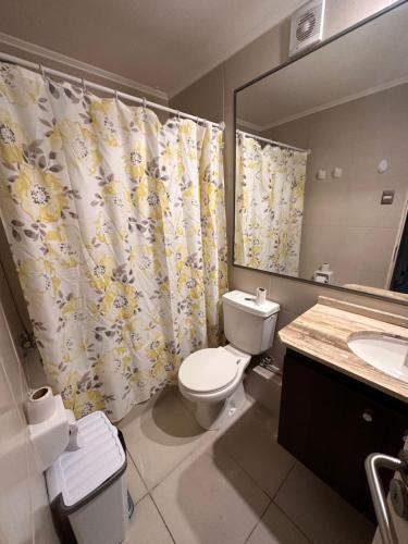 a bathroom with a toilet and a shower curtain at Departamento con vista al mar in Iquique