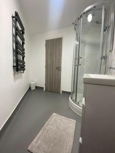 a bathroom with a shower and a sink and a mirror at Westminster Guest House in Oxford