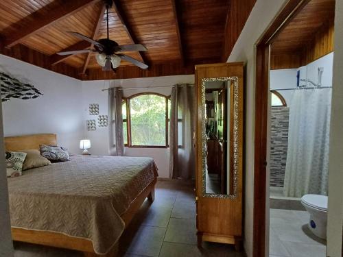 a bedroom with a bed and a ceiling fan and a mirror at Gray House Domenico in Potrero