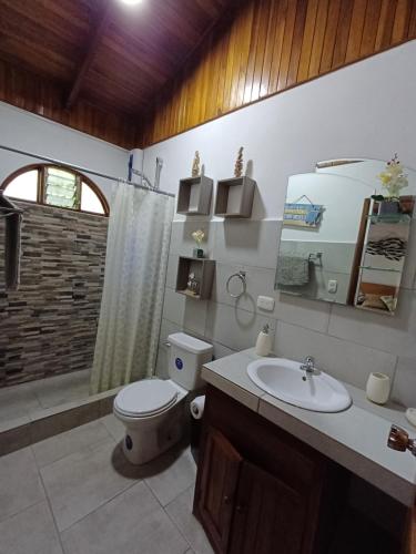 a bathroom with a toilet and a sink and a shower at Gray House Domenico in Potrero
