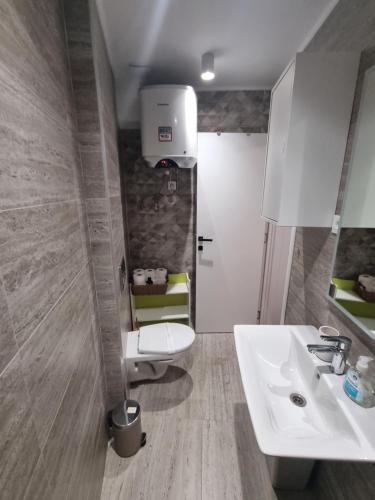 a bathroom with a white toilet and a sink at Apartman Migliore in Sesvete