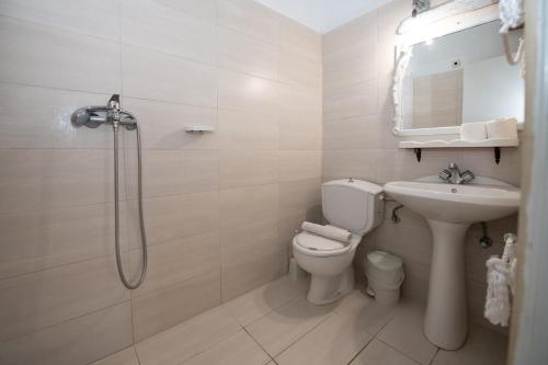een badkamer met een toilet, een wastafel en een douche bij Karpathios Studios Pefkos in Pefki Rhodes